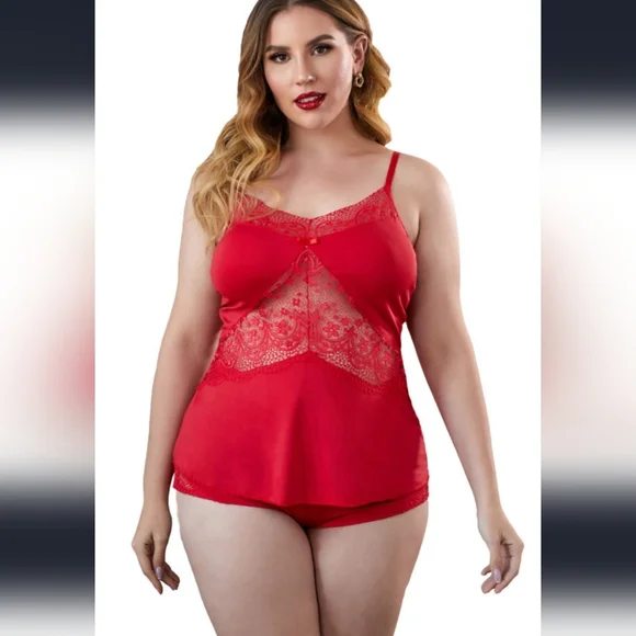 New Red Lace Plus Size Pajamas Set - Picture 5 of 6